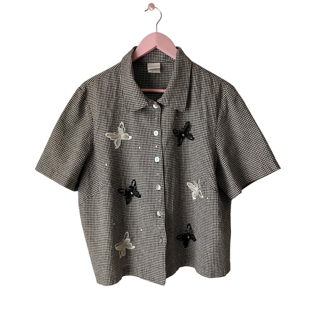 Vintage Studio C Plus Gingham Butterfly Applique Blouse Linen Blend